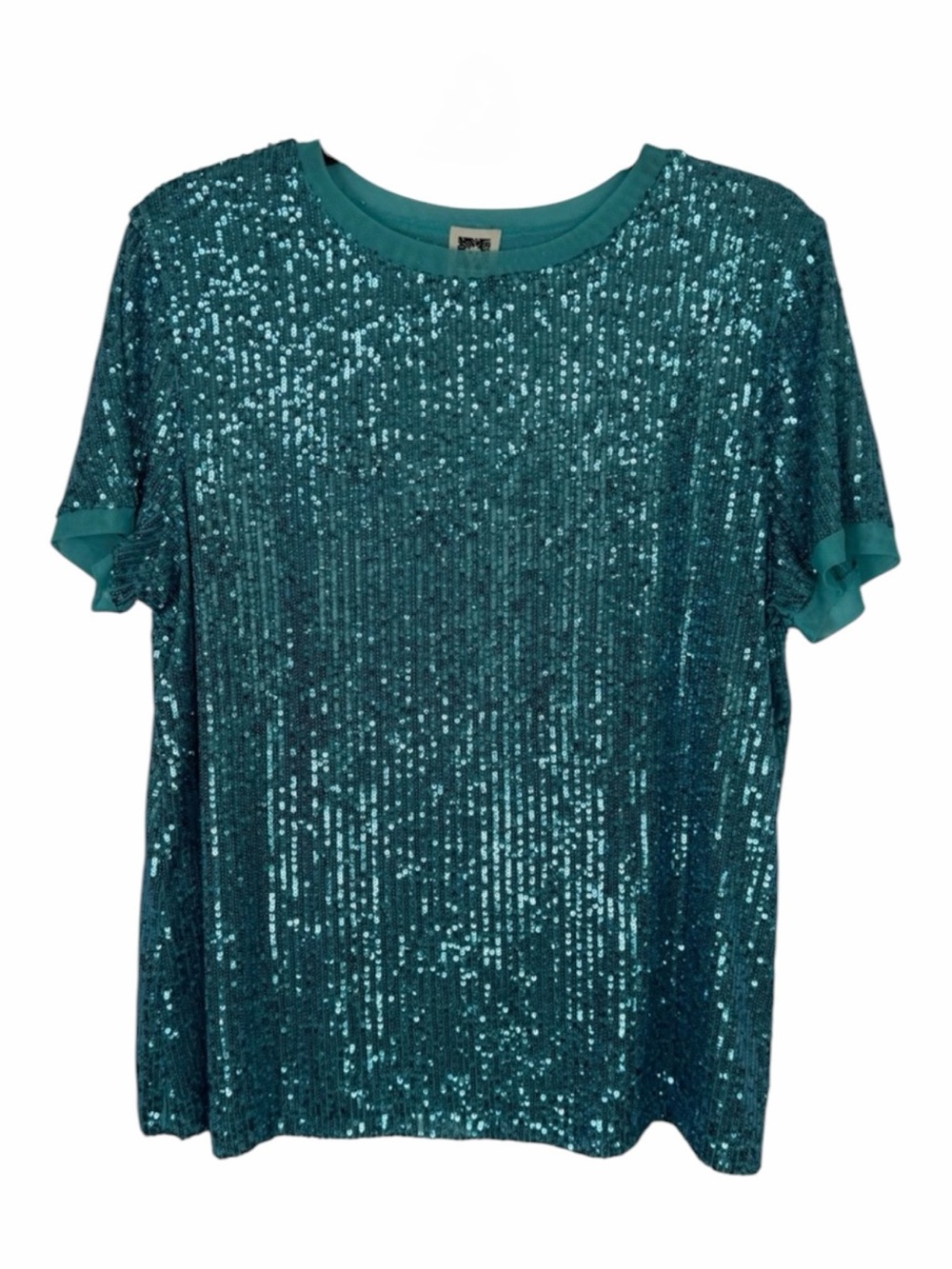 Anne Klein NWT Women’s Teal/Blue Green Short Sleeve Fully Sequined Top Size OX - Picture 14 of 15